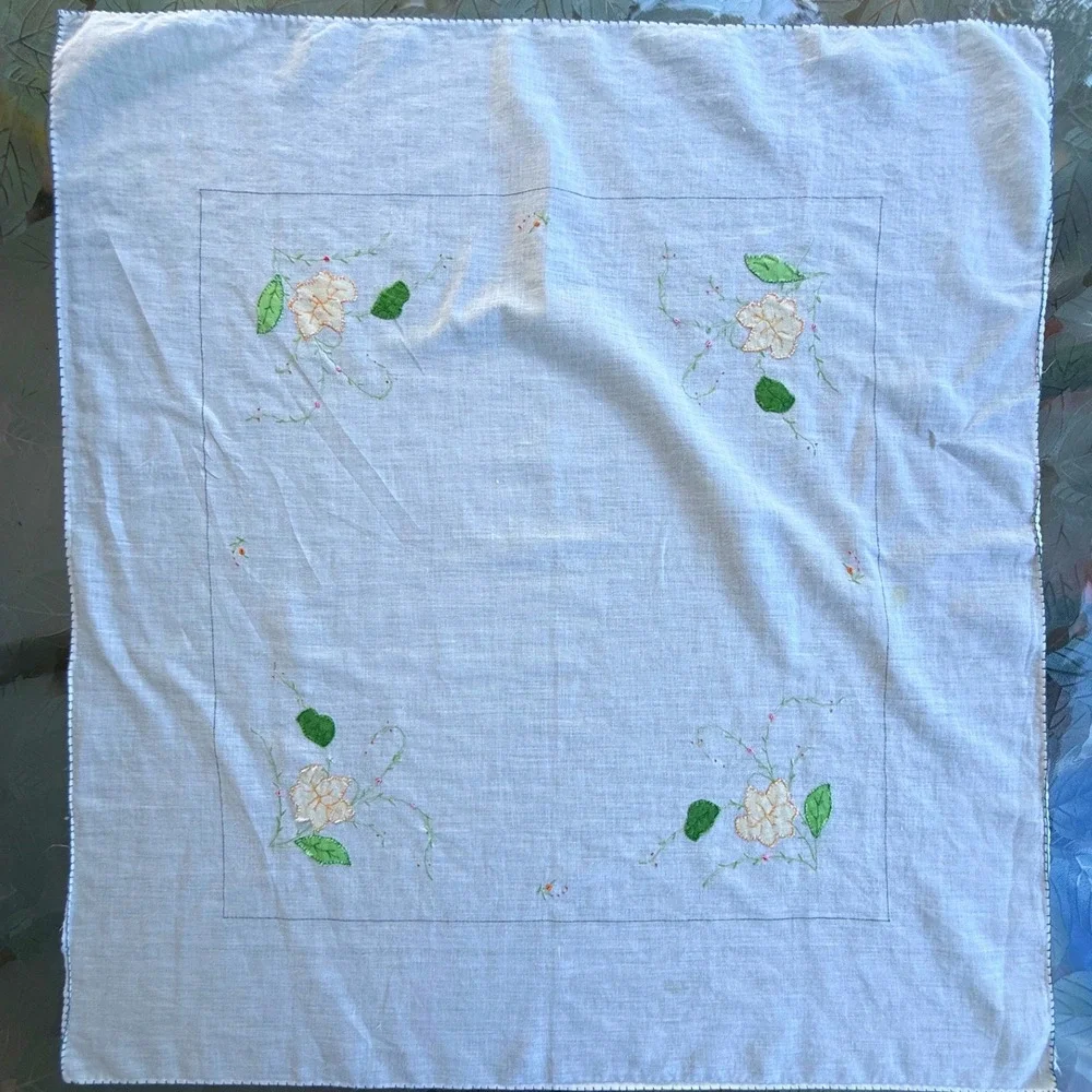 Vintage Hand Embroidered Floral Linen Tablecloth Square White 28x28